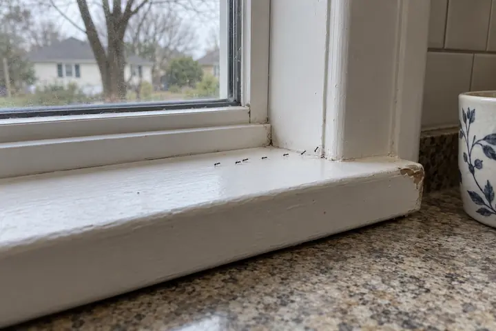 Line of small ants along a kitchen window sill