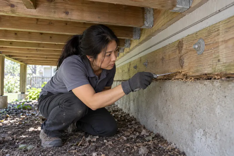 Technician probing a deck rim joist for carpenter ant damage