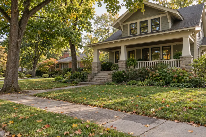 Craftsman home with a deep front porch on a tree-lined street in Glen Ellyn in early fall