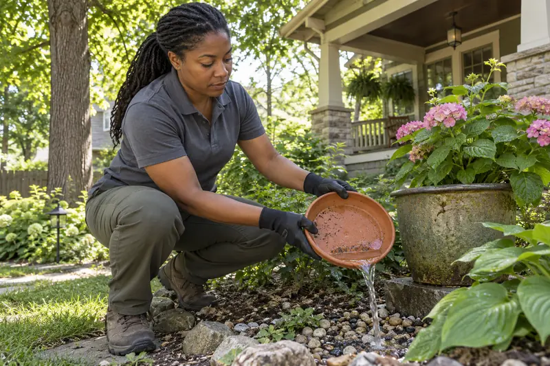 Technician emptying standing water from a planter saucer in a front yard so mosquitoes cannot breed there