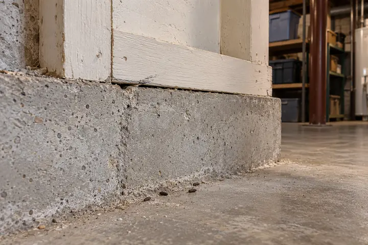 Mouse droppings on a basement floor beside a gap at the base of the wall