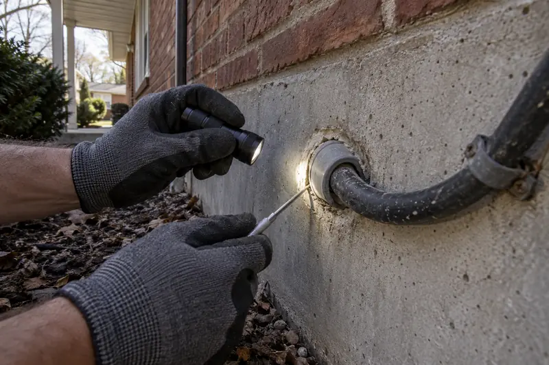 Gloved hands with a flashlight checking the gap around a utility line where it enters the foundation