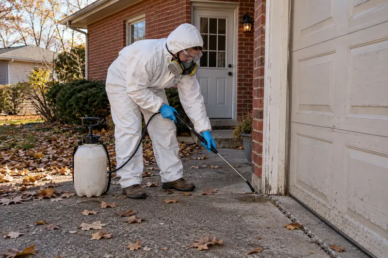 Technician in a protective suit treating along the foundation of a brick ranch house beside the garage door