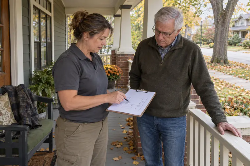 Technician going over inspection notes with a homeowner on a front porch