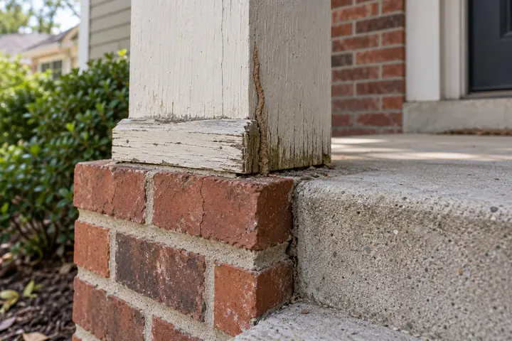 Thin termite mud tube climbing from the brick base up a porch post