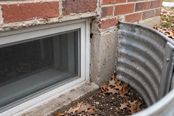 Gap between a basement window frame and the brick beside a metal window well