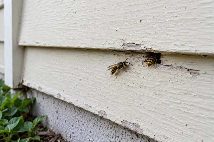 Yellowjackets going in and out of a gap in painted siding